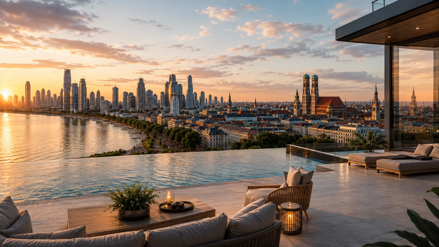 Terrasse eines Resorts bei Sonnenuntergang mit Blick über Wasser und Skyline
