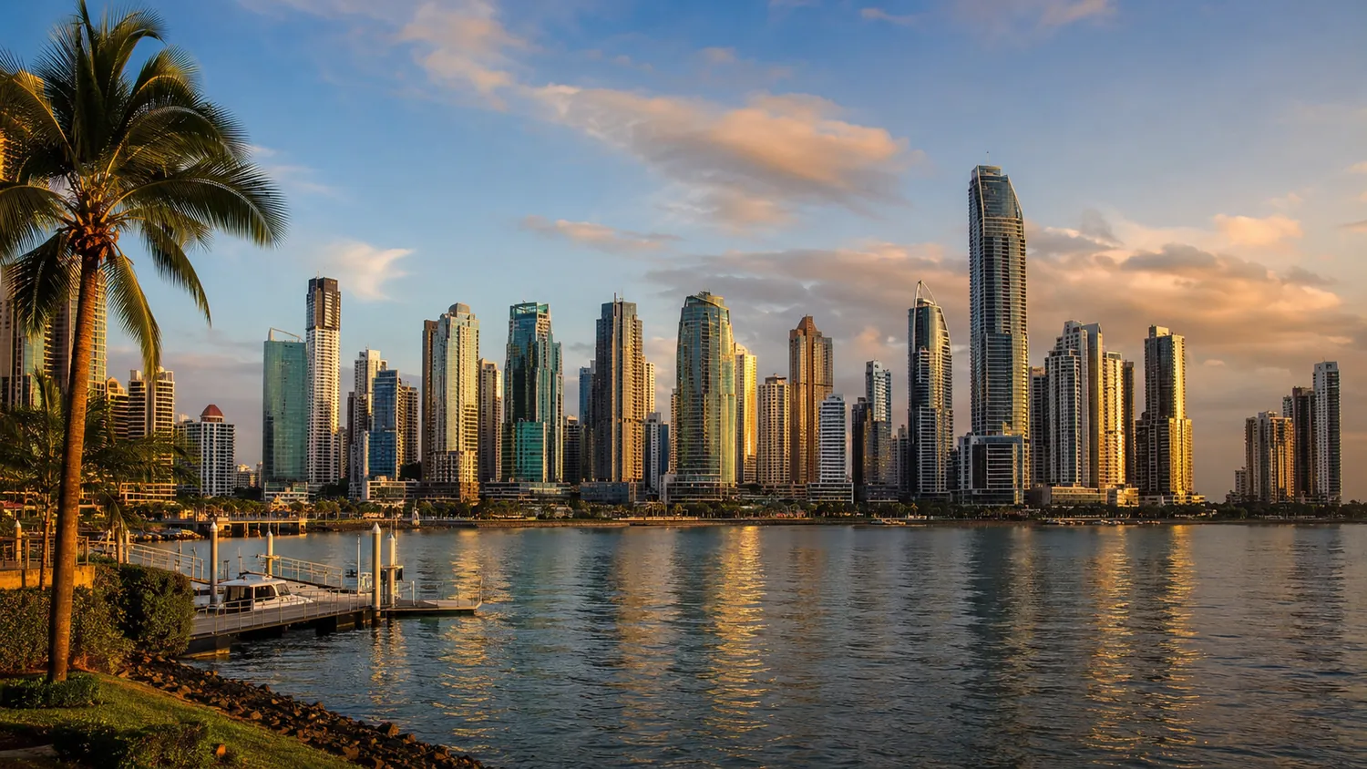 Skyline von Panama-Stadt am Wasser bei Sonnenuntergang